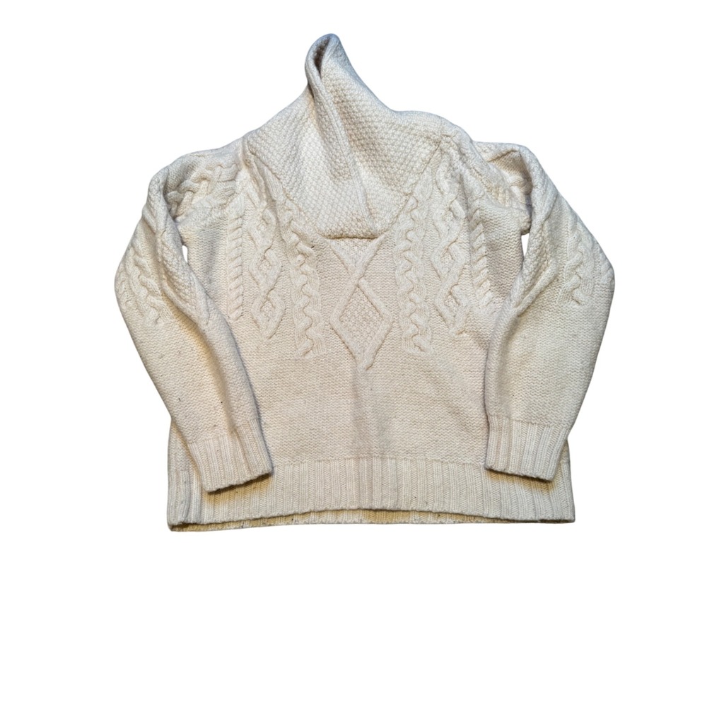 Inis Crafts 100% Merino Wool Aran Cable Knit Sweater Shawl Collar Ivory